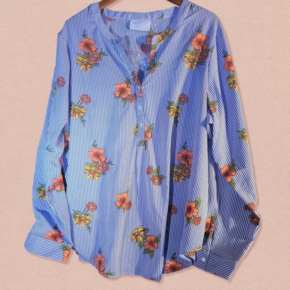 🌸NWOT🌸 Skyline Navy & White Striped & Peachy Florals Half-Button Blouse XXL - Picture 1 of 10